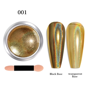 Laser gold nail powder with applicator showing effects on black and transparent bases