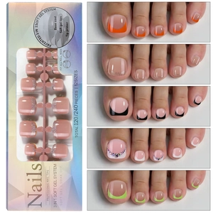 Kit faux ongles pieds french avec designs orange, noir et pailleté en 12 tailles