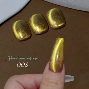 Close-up of golden cat eye nail polish shade 003 showing luxury linear glitter texture
