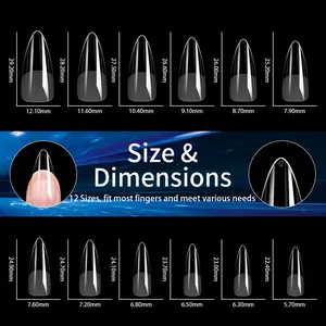 Detailed size chart showing dimensions for 12 sizes of clear long stiletto nail tips