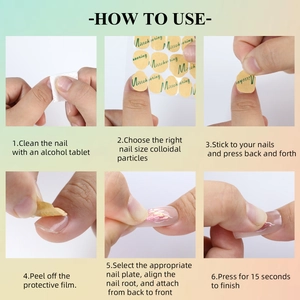 Adhesive nail tabs and prep kit with step-by-step application instructions for press-on nails