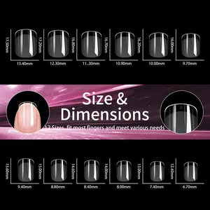 Size chart showing 12 dimensions of ultra-thin transparent matte soft gel nail tips