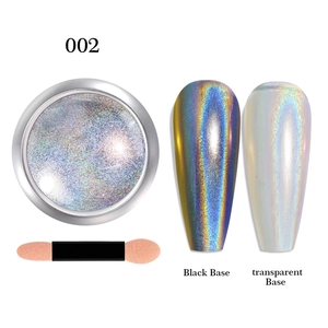 Holographic nail powder detail showing black and transparent base color effects with brush