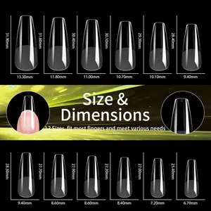 Size chart showing 12 sizes of long coffin clear false nail tips with dimensions