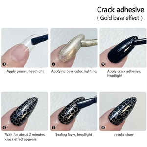 Professional 6-step guide for applying gold base crackle nail polish with marble texture