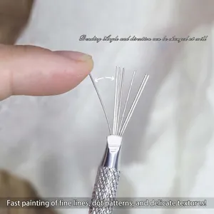 Nail art tool with 7 flexible metal filaments and textured non-slip stainless steel handle