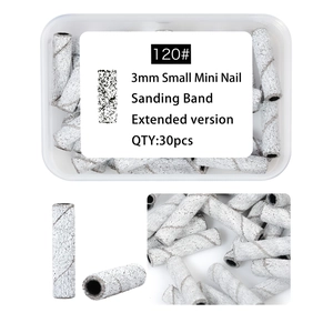 Macro detail of 30pcs 3mm nail sanding bands with 120 grit in transparent box