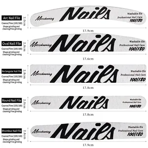 Set of five professional 100/180 grit washable nail files in various shapes for salons