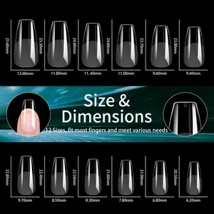 Detailed size chart for 12 sizes of transparent coffin nail tips with dimensions in mm
