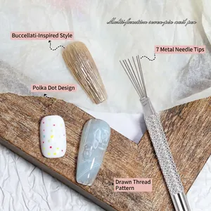 Multi-head stainless steel nail art dotting pen for creating detailed silk textures