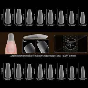 Guide des tailles montrant les dimensions de 480 faux ongles cercueil semi-mats