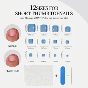 Faux ongles d'orteils bleu aurore œil de chat, kit de 24 pièces avec guide de tailles