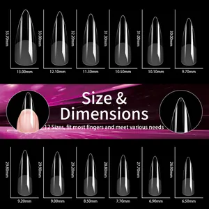 Detailed size chart for 12 sizes of long stiletto false nails in millimeters with dimensions