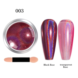 Nail art laser powder 003 showing holographic effects on black and transparent bases