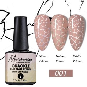 Detail view of 7.5ml crackle nail polish bottle with silver, gold, and white marble effects