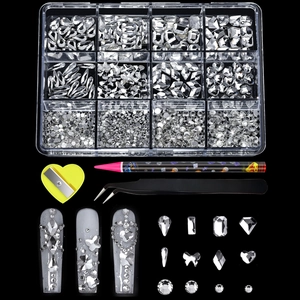 Detailed nail art rhinestone set with 12-grid crystal gems, tweezers and dotting pen tools
