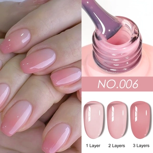 Detail showing nude pink gel polish No.006 with 1-3 layer coverage and gradient effects