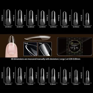 Tableau des tailles avec 16 mesures pour faux ongles amande longs semi-dépolis