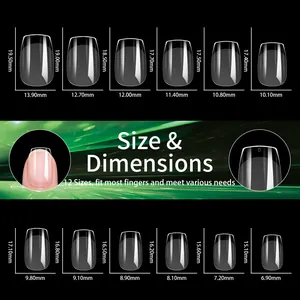 Size chart showing 12 different dimensions for ultra-thin matte artificial nail tips