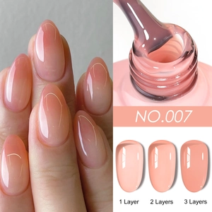 Translucent nude pink gel nail polish showing 1, 2, and 3 layer coverage comparison