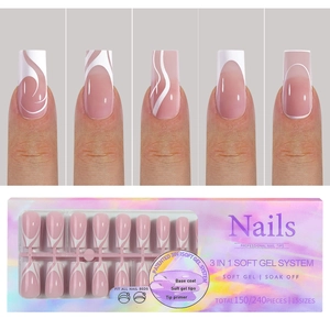 Detailed set of 3-in-1 soft gel French nail tips in pink and white wavy edge designs