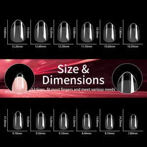 Size chart showing 12 different dimensions for ultra-thin clear press-on nail tips