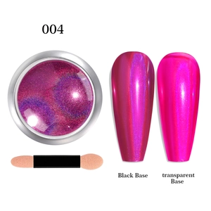 Detail view of 004 laser nail powder showing effects on black and transparent bases
