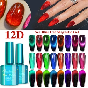 Macro shot of 12D sea blue cat eye magnetic nail polish with sparkling metallic texture