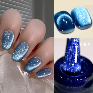 Makroaufnahme von 006# tiefblauem Cat-Eye-Nagelgel mit Glitzertextur und Magneteffekt