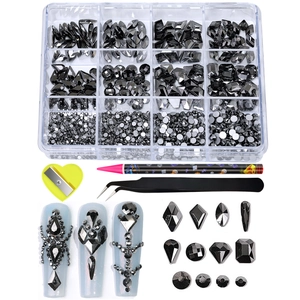 Detailed nail art rhinestone set with 12-grid storage box tweezers and dotting pen