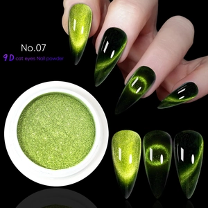 Macro shot of 9D cat eye nail powder No.07 showing vibrant green magnetic glitters
