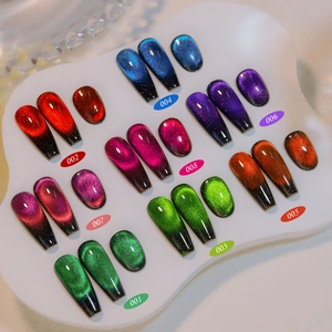 12D galaxy cat eye nail polish set featuring 8 vibrant colors on a display board