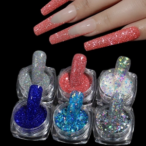 6-color set of iridescent nail glitters including fine powder and holographic flakes