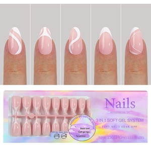 Detail of almond-shaped French gradient press-on nails with 3-in-1 soft gel system packaging