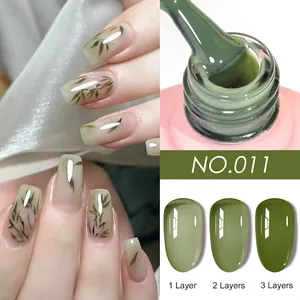Macro detail of green gel polish shade NO.011 showing 1-3 layers of color opacity