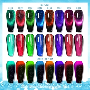 Close-up of Sea Blue Cat Eye magnetic gel polish colors with glossy and matte finishes