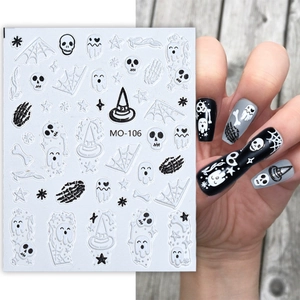 Halloween 3D nail stickers featuring black and white skull and ghost patterns, model MO-106