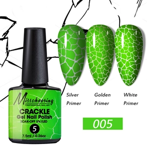 Detail of green crackle nail polish effect on silver gold and white base primers
