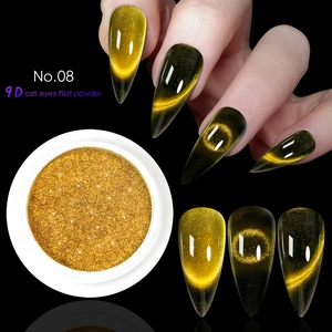 Macro detail of No.08 golden 9D cat eye nail powder showing magnetic shimmer on tips