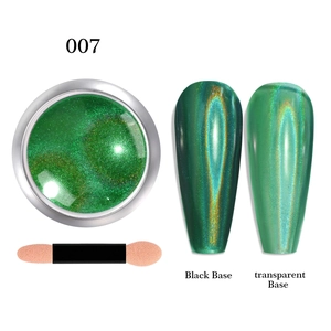 Green holographic nail powder 007 showing black vs transparent base effect with sponge tool