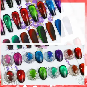 Macro detail of 12D sea blue cat eye magnetic nail gel with vibrant multi-tone shifts