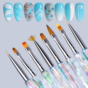Macro detail of 8 professional nail art brushes with iridescent handles and various tips