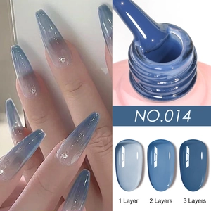 Translucent grayish blue nail gel polish color NO.014 with 1-3 layer density comparison