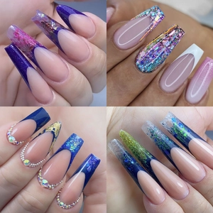 Macro shot of long press-on nails with purple dried flowers and sparkling glitter design