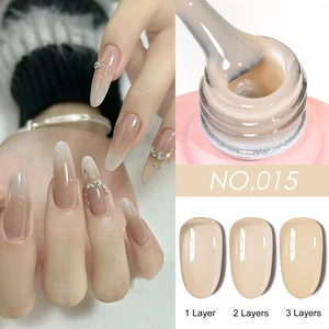 Translucent nude gel nail polish showing 1-3 layer coverage comparison for salon use