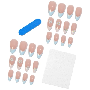Blue French almond fake nails set with small white flowers and adhesive glue