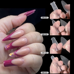 Detail of four nail extension mold shapes with scale lines for DIY French manicure art