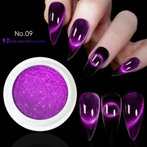Detailed macro view of No.09 purple 9D cat eye nail powder and stiletto nails