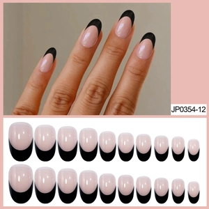Faux Ongles French Manucure Rose Nude Pointe Noire Forme Amande Court Pour Femmes Avec Colle Et Lime