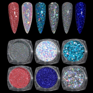 Macro detail of 6-color glitter set for nails featuring hexagonal sequins and fine powder